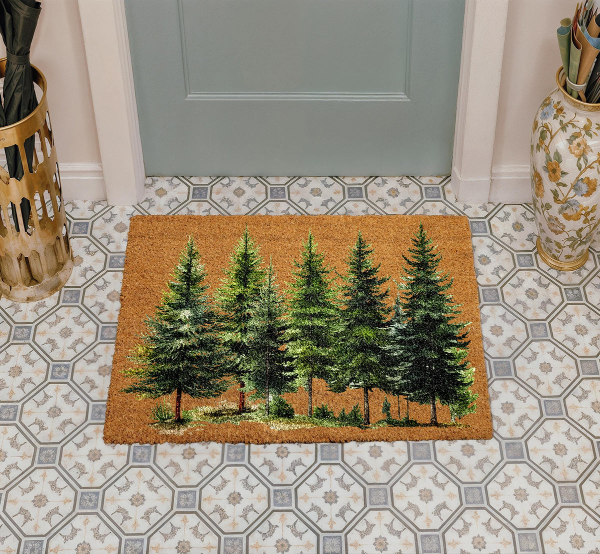 Pine Tree Forest Doormat, Christmas Tree Welcome Mat, Evergreen Woodland Xmas Decor