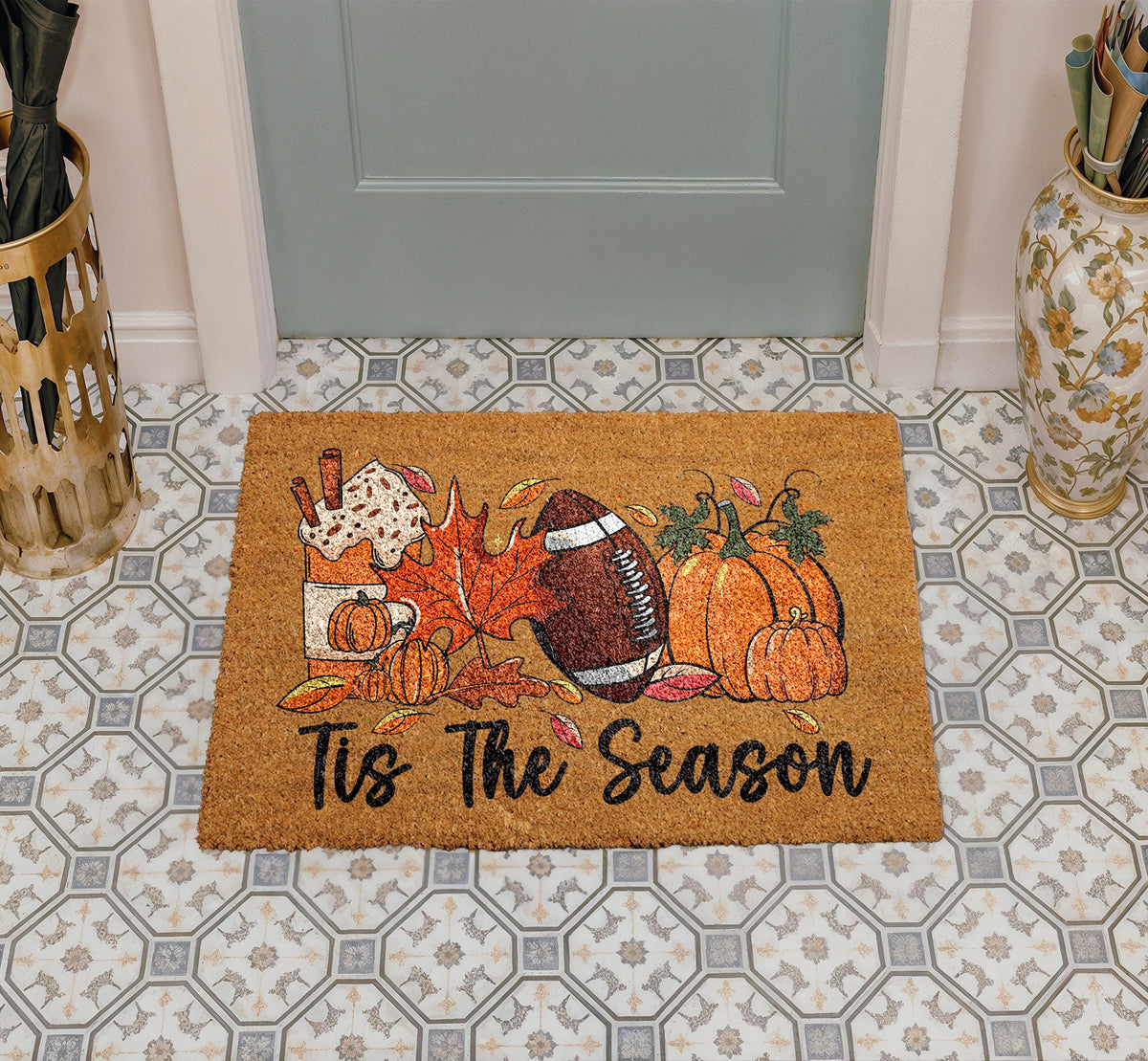 Tis The Season Welcome Mat, Thanksgiving Home Decor, Pumpkin Spice Latte & Football Doormat