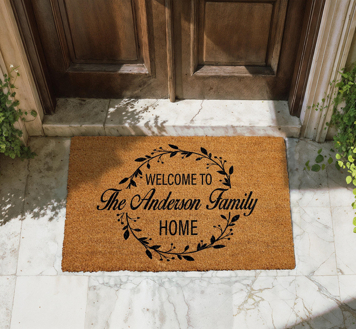 Personalized Family Name Berry Wreath Doormat, Custom Lastname Welcome Mat