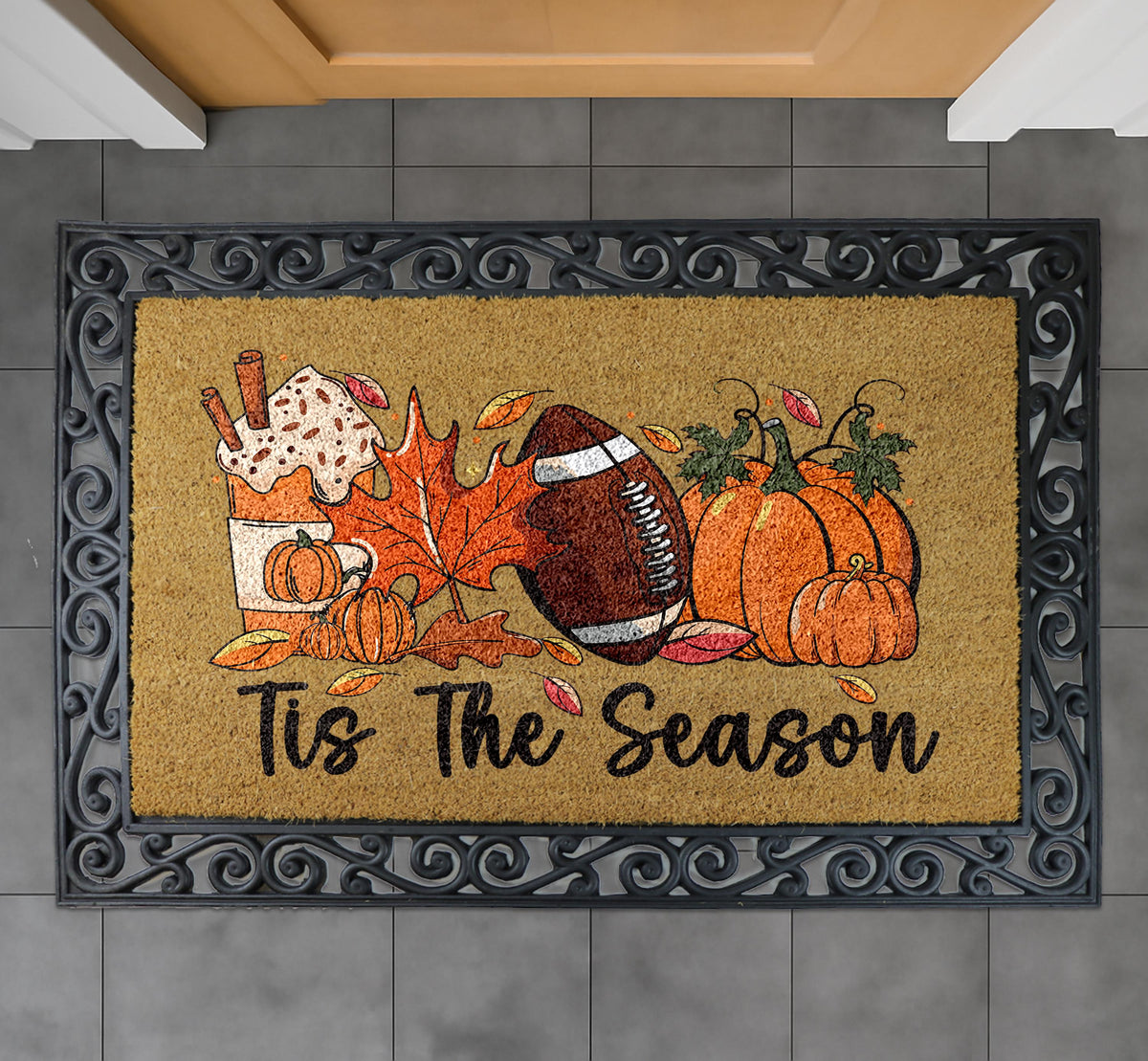 Tis The Season Welcome Mat, Thanksgiving Home Decor, Pumpkin Spice Latte & Football Doormat