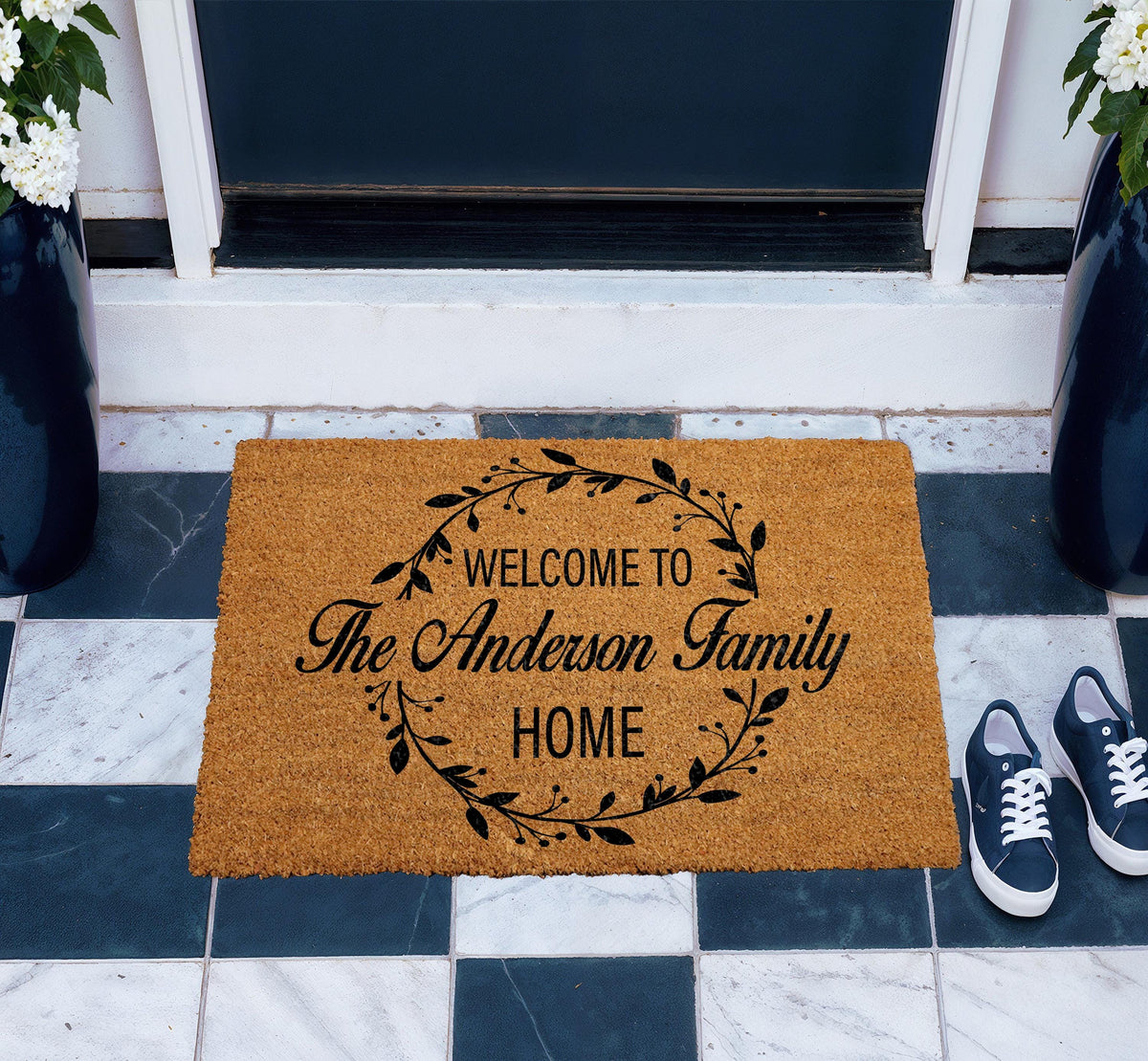 Personalized Family Name Berry Wreath Doormat, Custom Lastname Welcome Mat