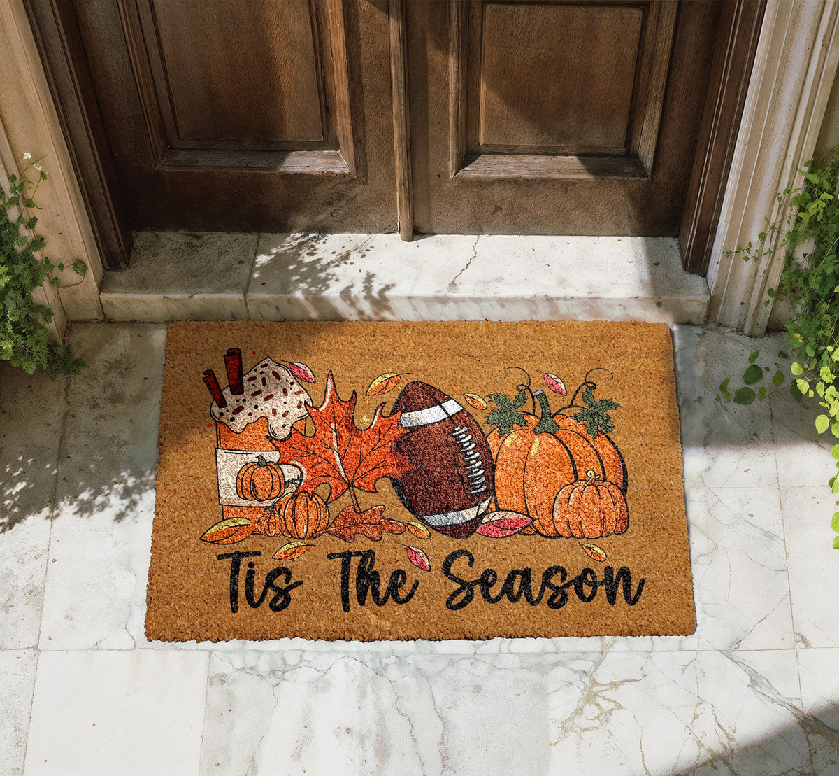 Tis The Season Welcome Mat, Thanksgiving Home Decor, Pumpkin Spice Latte & Football Doormat