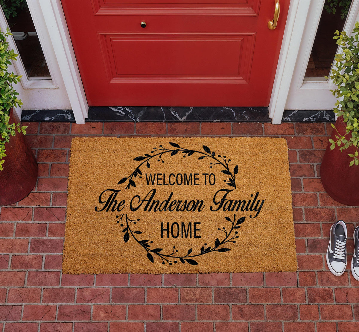 Personalized Family Name Berry Wreath Doormat, Custom Lastname Welcome Mat