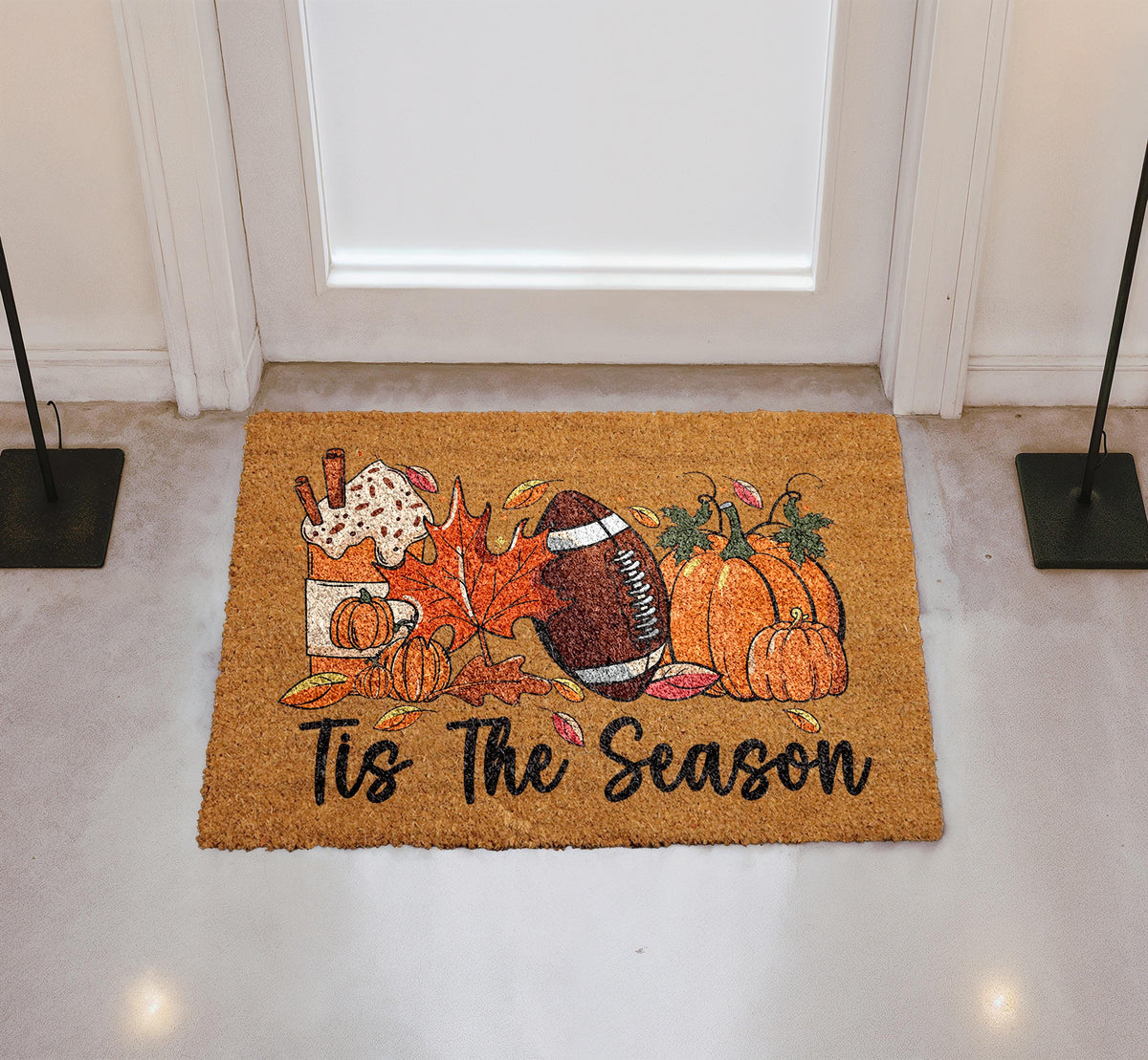 Tis The Season Welcome Mat, Thanksgiving Home Decor, Pumpkin Spice Latte & Football Doormat