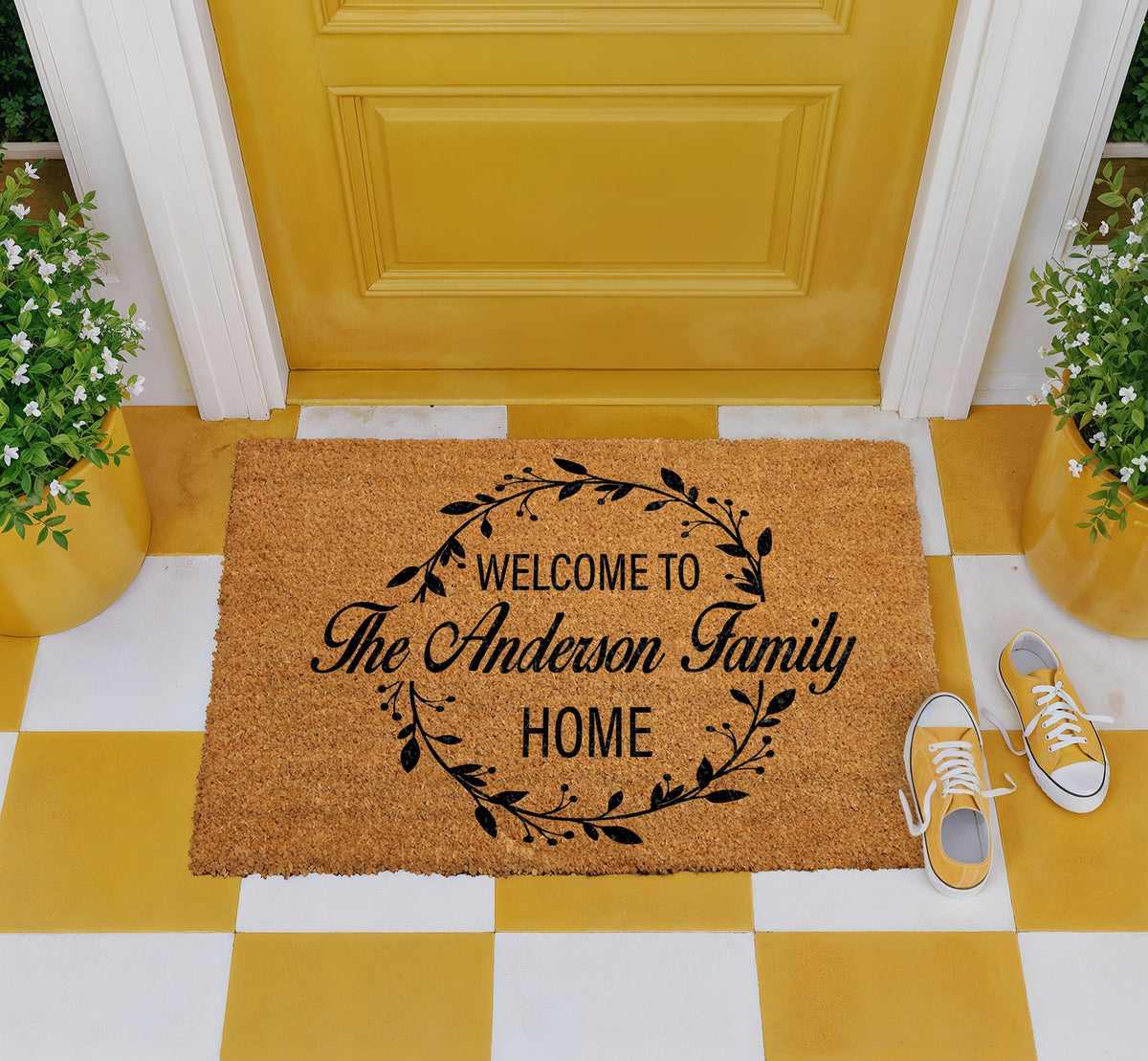 Personalized Family Name Berry Wreath Doormat, Custom Lastname Welcome Mat