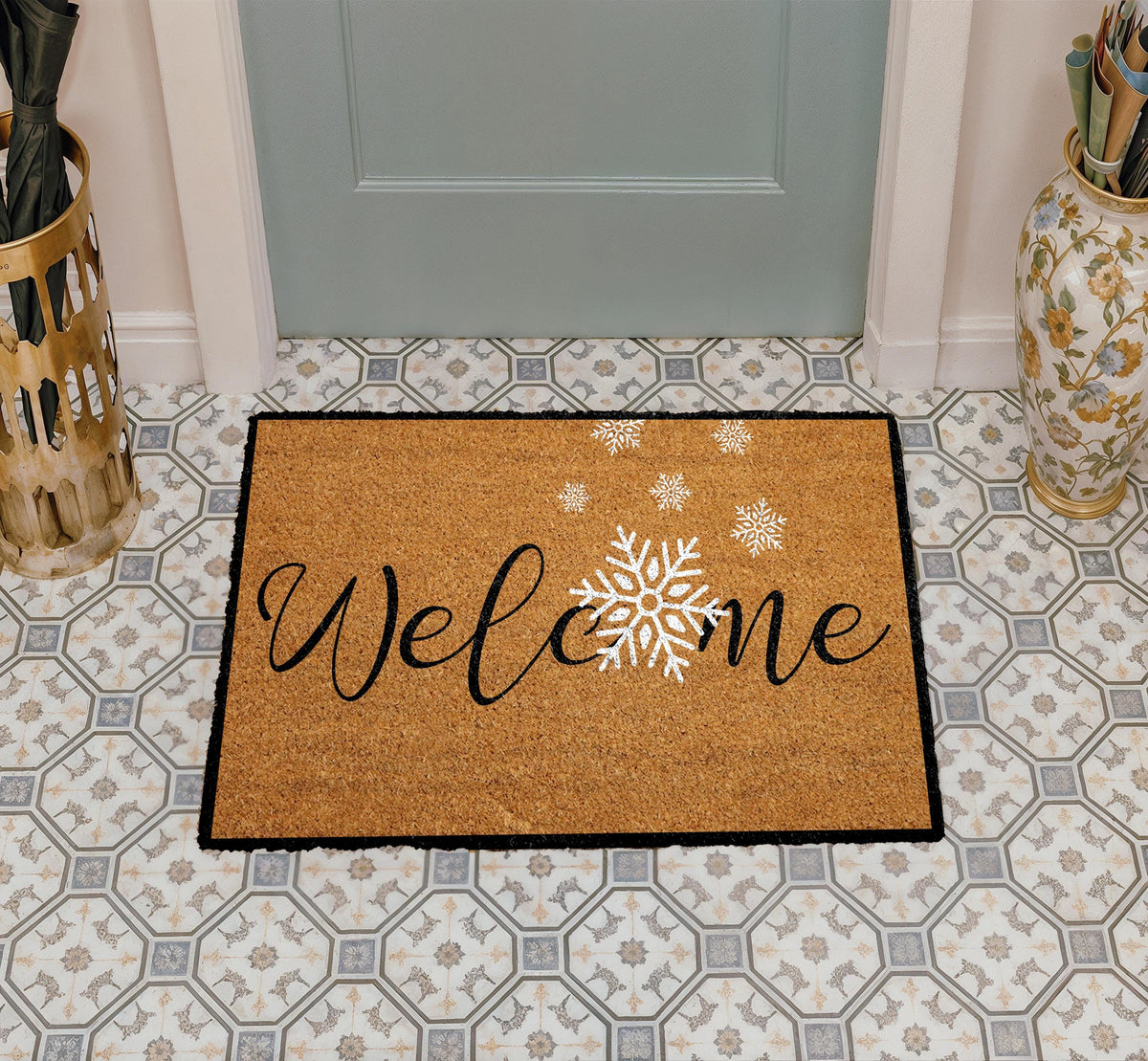 Welcome Snowflake Doormat, Winter Door Mat, Holiday Home Entrance Decor
