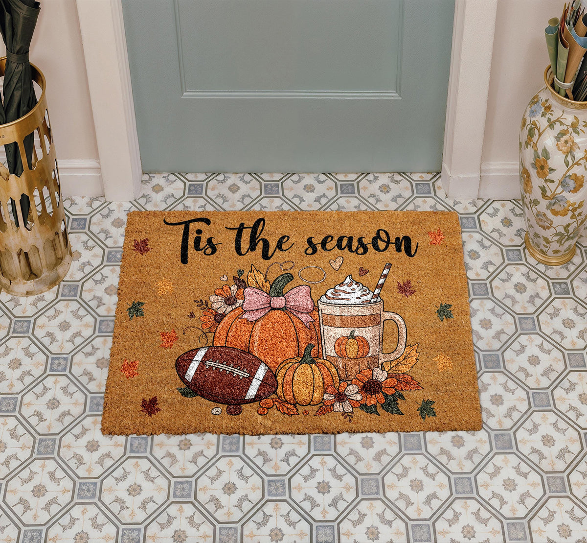 Tis The Season Doormat, Pumpkin Spice Latte & Football Welcome Mat, Thanksgiving Home Decor