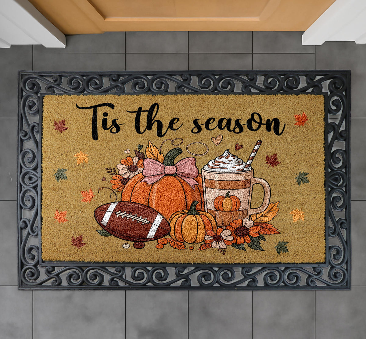 Tis The Season Doormat, Pumpkin Spice Latte & Football Welcome Mat, Thanksgiving Home Decor