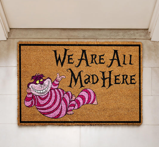 We Are All Mad Here Doormat, Whimsical Fantasy Welcome Mat, Curious Cat Home Decor