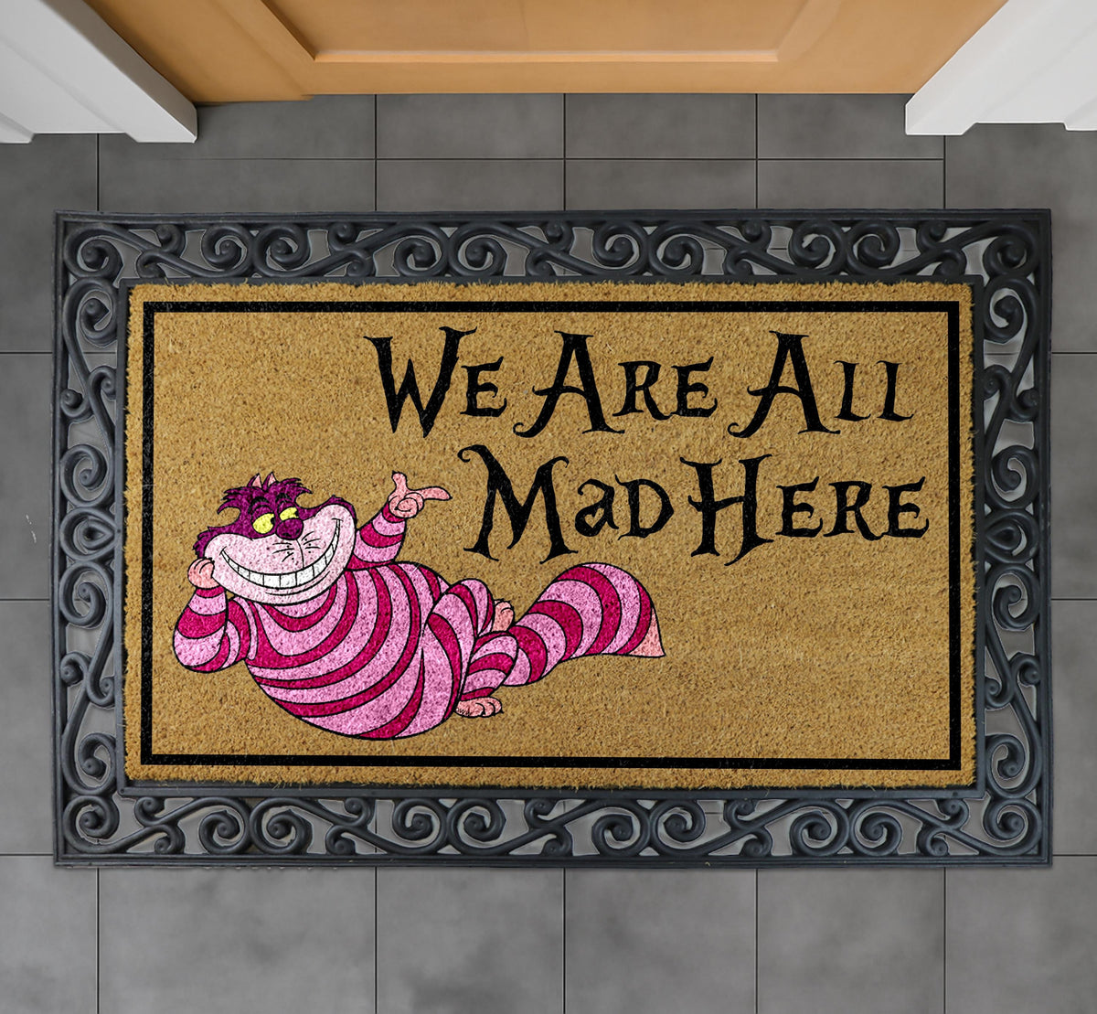 We Are All Mad Here Doormat, Whimsical Fantasy Welcome Mat, Curious Cat Home Decor