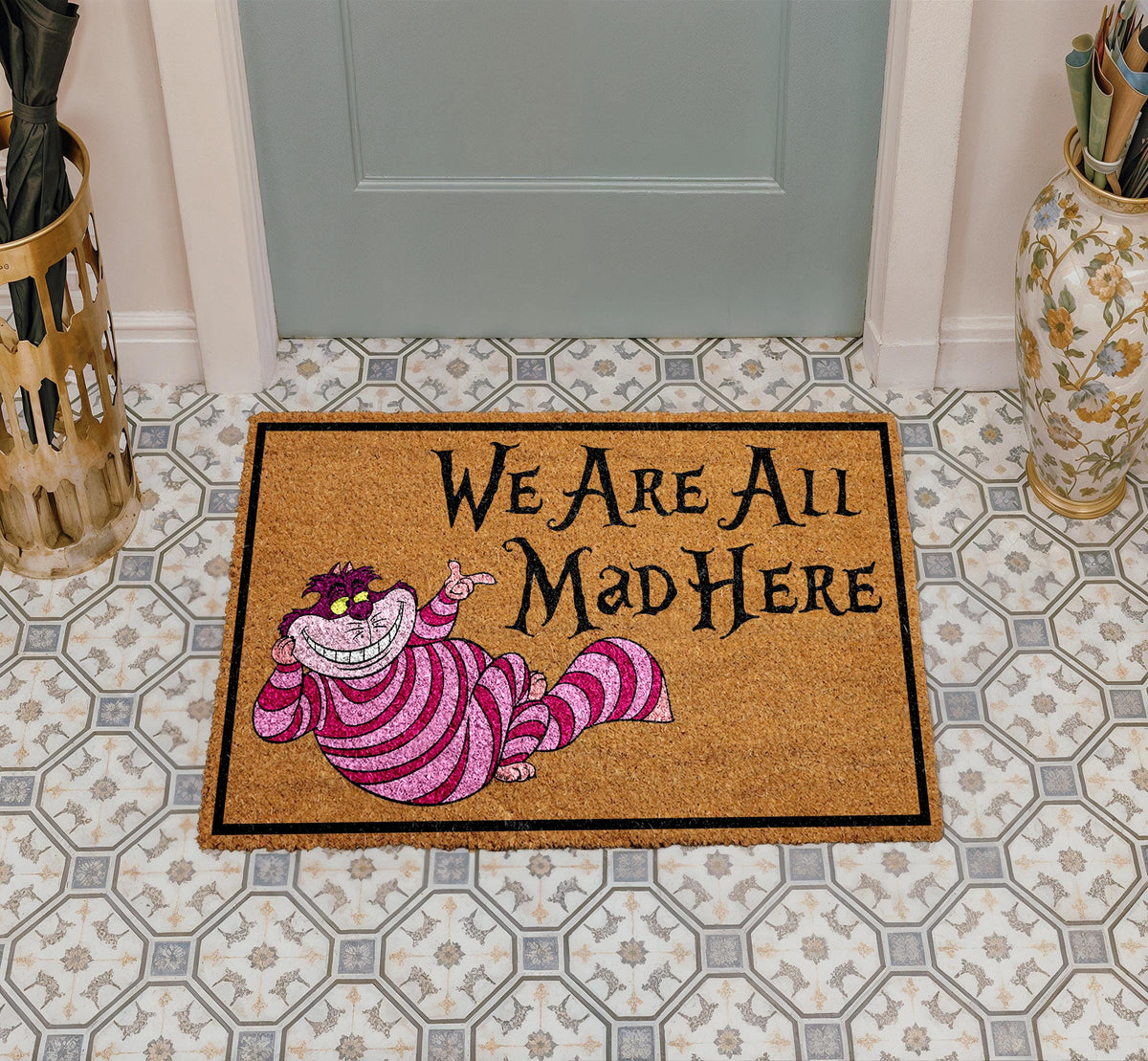 We Are All Mad Here Doormat, Whimsical Fantasy Welcome Mat, Curious Cat Home Decor