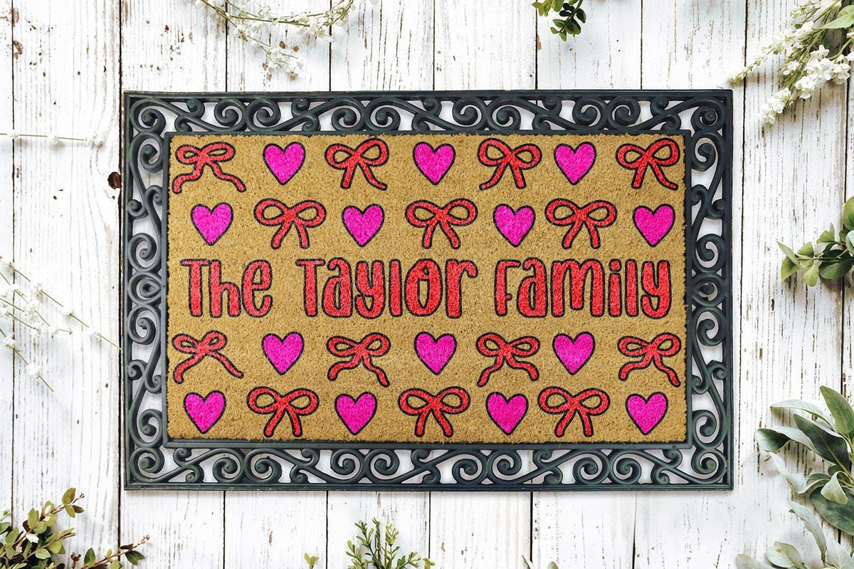 Personalized Family Hearts & Bows Doormat, Cute Pink Bows Welcome Mat
