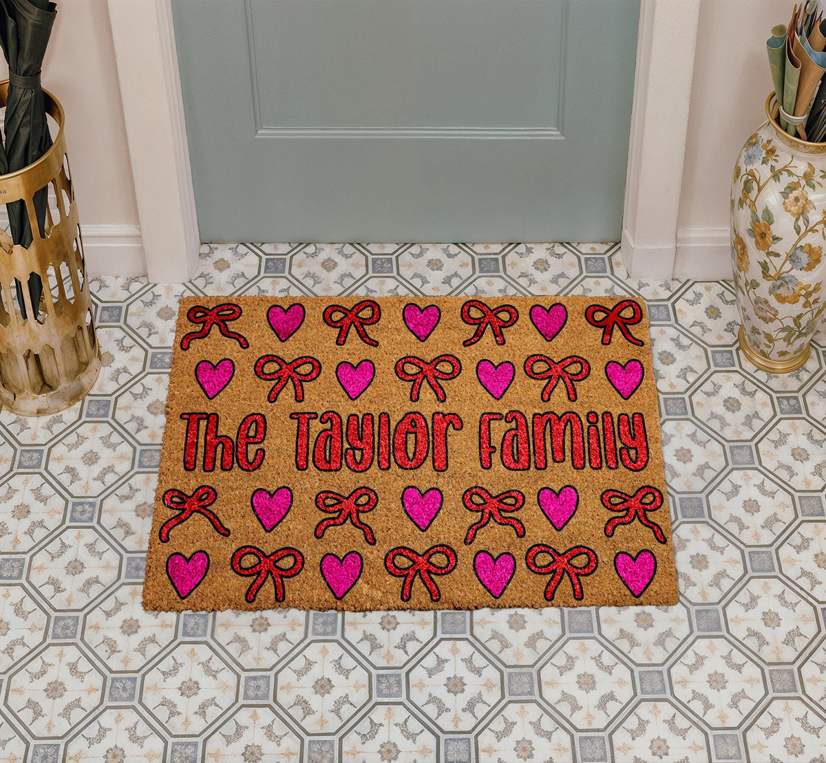 Personalized Family Hearts & Bows Doormat, Cute Pink Bows Welcome Mat