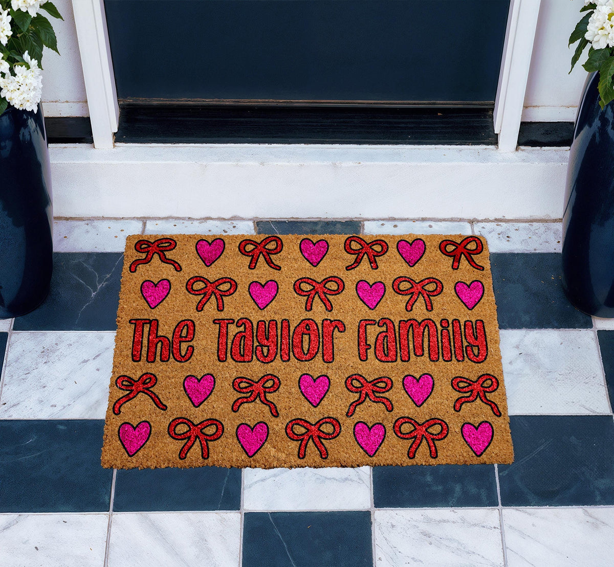 Personalized Family Hearts & Bows Doormat, Cute Pink Bows Welcome Mat