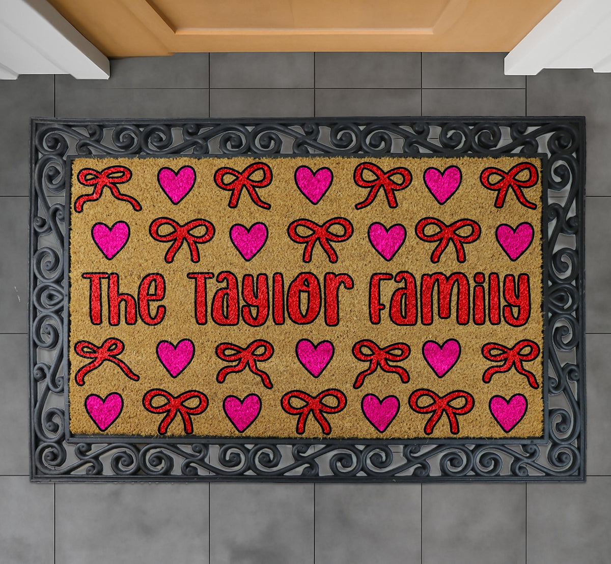 Personalized Family Hearts & Bows Doormat, Cute Pink Bows Welcome Mat