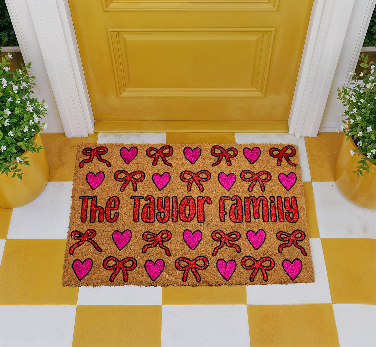 Personalized Family Hearts & Bows Doormat, Cute Pink Bows Welcome Mat