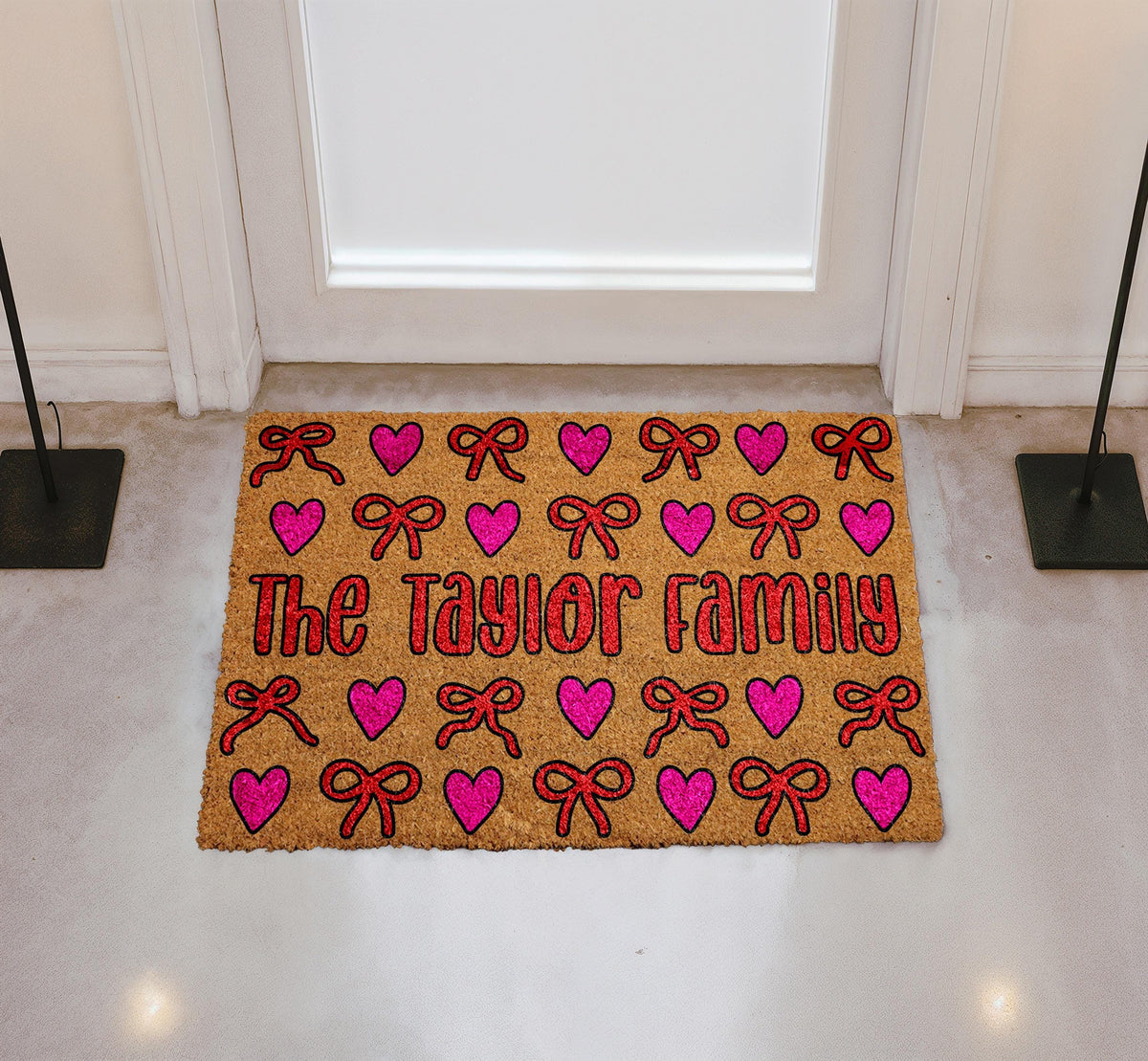Personalized Family Hearts & Bows Doormat, Cute Pink Bows Welcome Mat