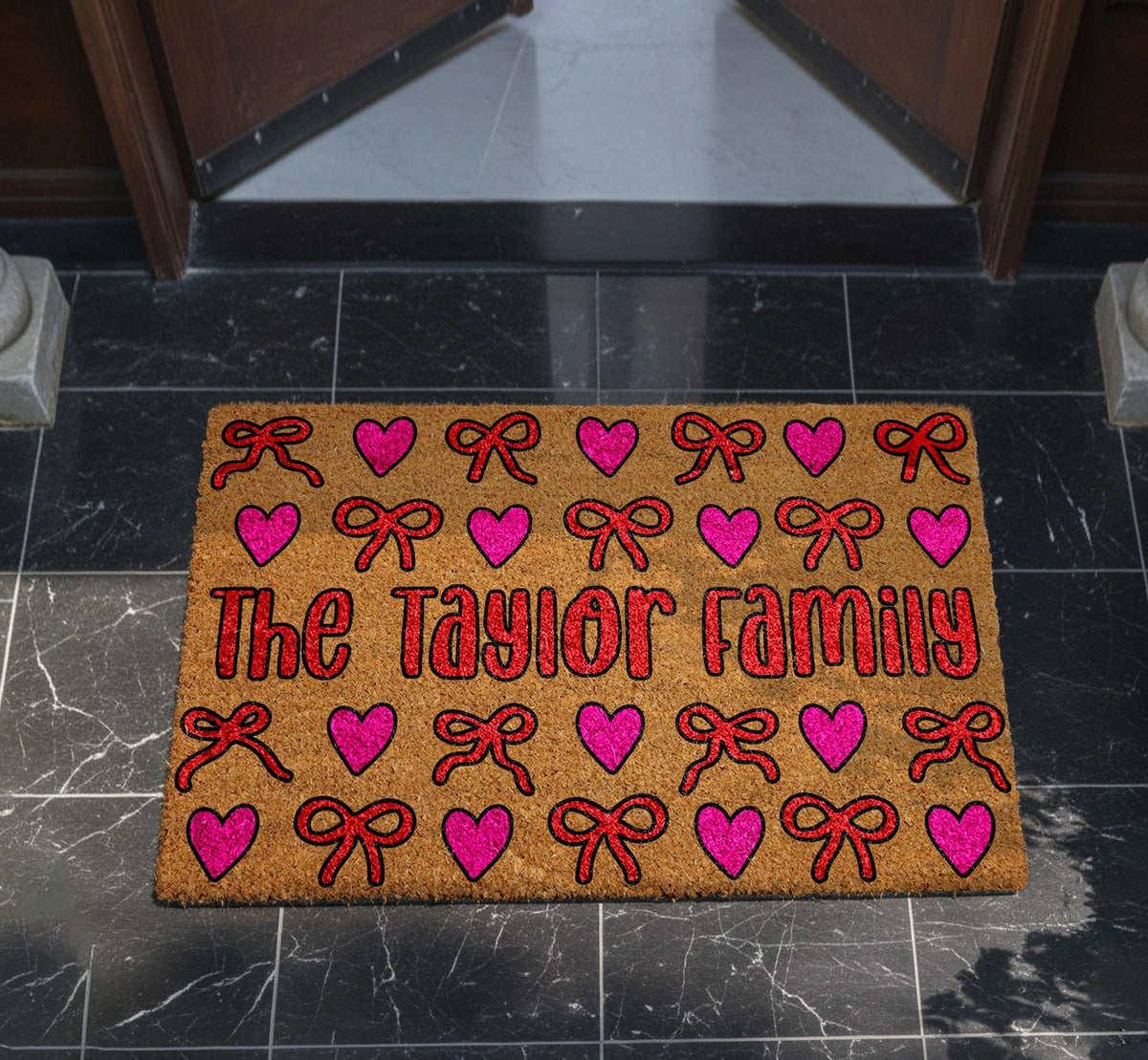 Personalized Family Hearts & Bows Doormat, Cute Pink Bows Welcome Mat