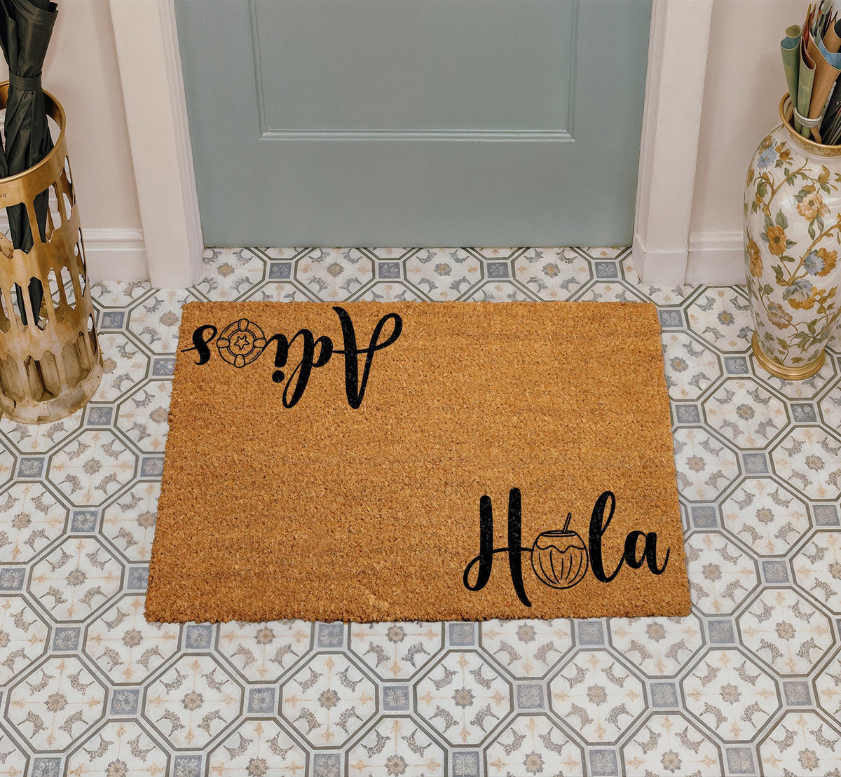 Hola Adios Doormat, Spanish Greeting Welcome Mat, Bienvenidos Home Decor