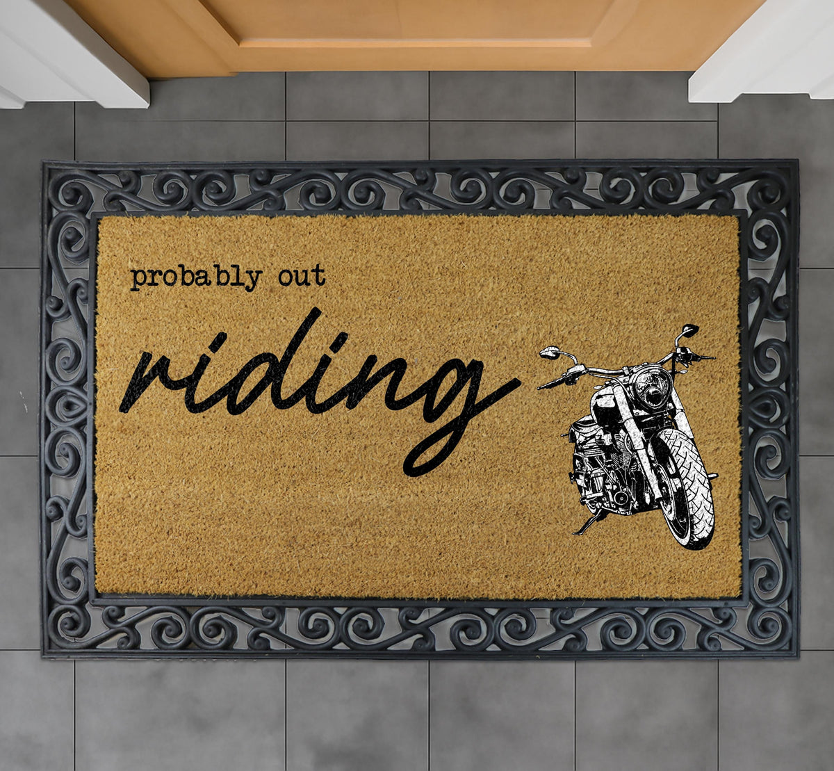 Probably Out Riding Doormat, Motorbike Rider Home Gift, Motorcycle Lover Front Porch Decor