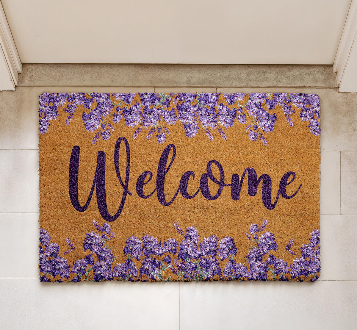Floral Welcome Doormat, Lavender Entry Mat, Natural Coir Outdoor Mat, Spring Porch Decor