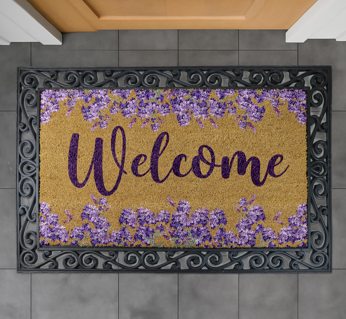 Floral Welcome Doormat, Lavender Entry Mat, Natural Coir Outdoor Mat, Spring Porch Decor