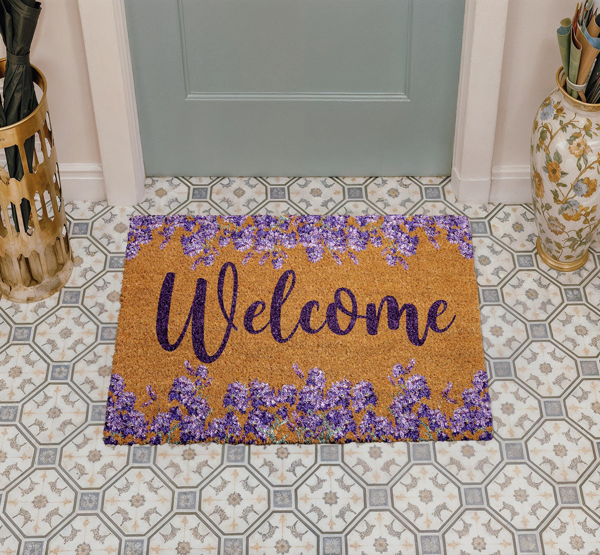 Floral Welcome Doormat, Lavender Entry Mat, Natural Coir Outdoor Mat, Spring Porch Decor