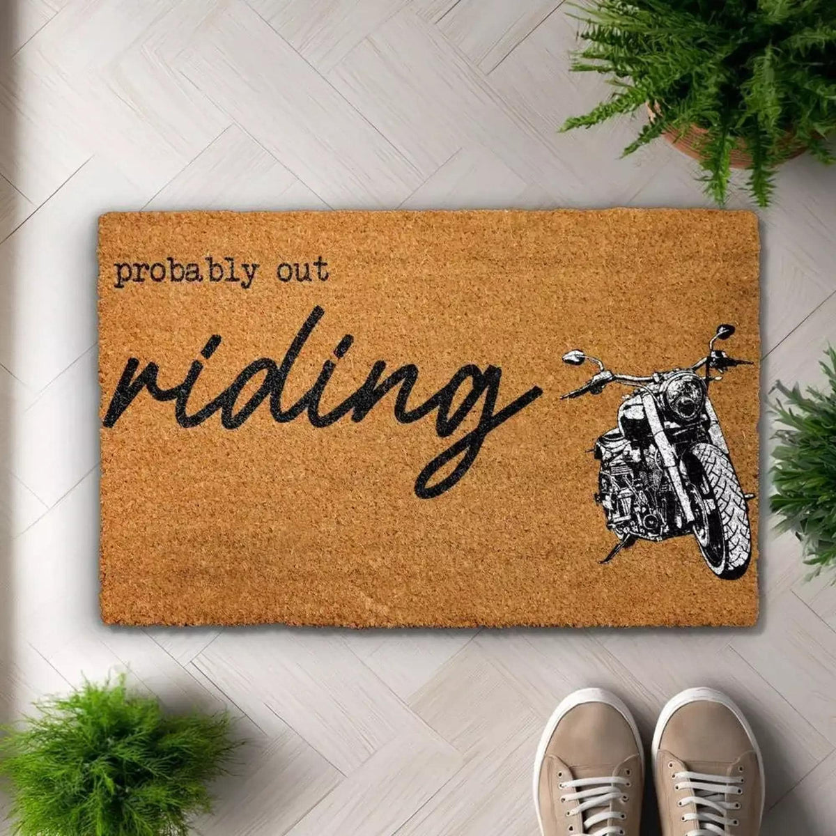 Probably Out Riding Doormat, Motorbike Rider Home Gift, Motorcycle Lover Front Porch Decor