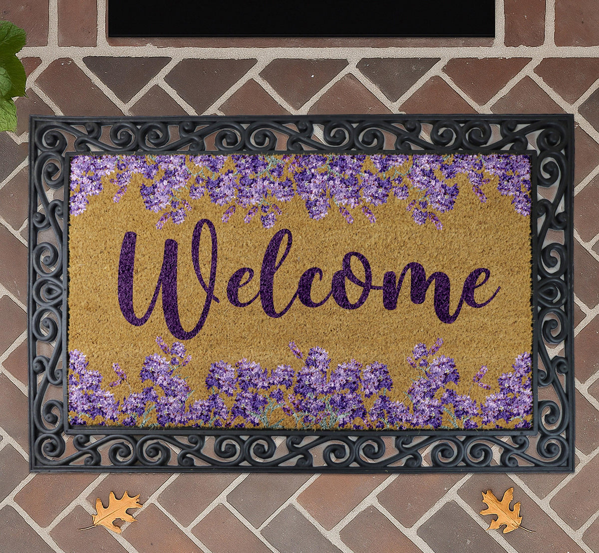 Floral Welcome Doormat, Lavender Entry Mat, Natural Coir Outdoor Mat, Spring Porch Decor