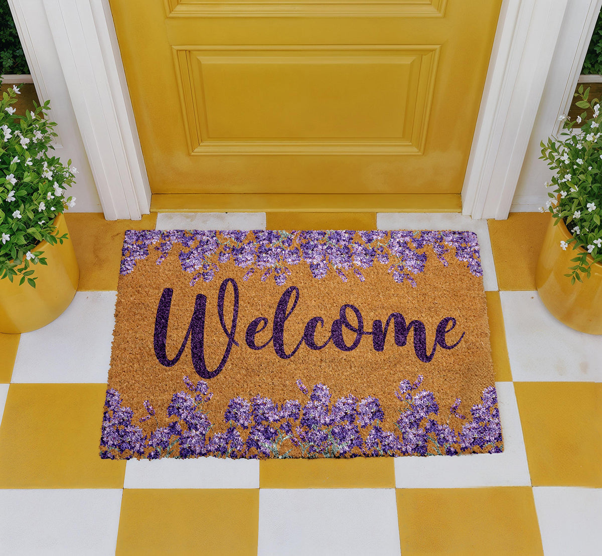 Floral Welcome Doormat, Lavender Entry Mat, Natural Coir Outdoor Mat, Spring Porch Decor