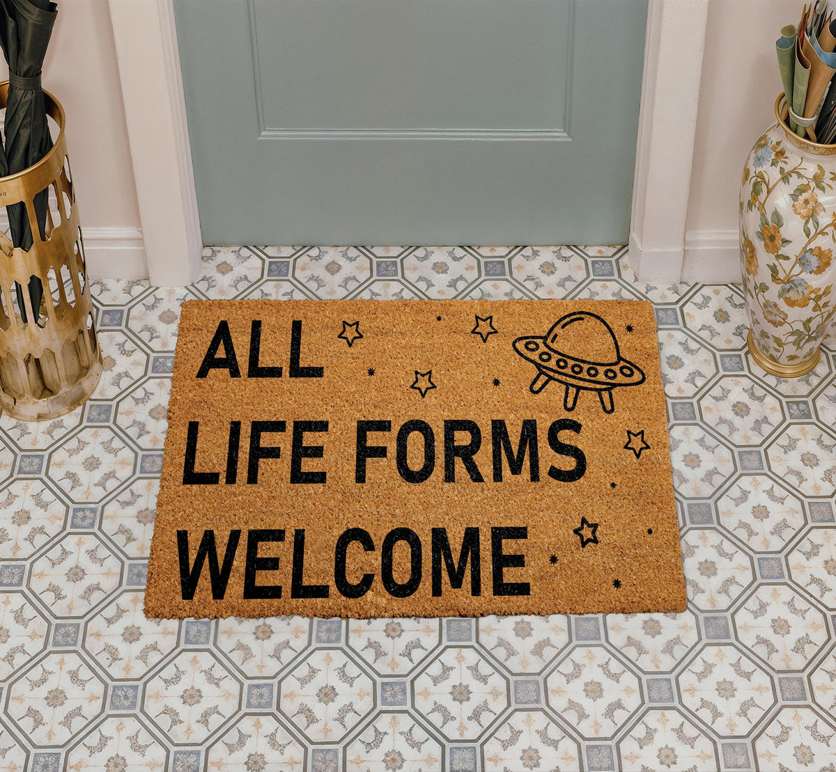 All Life Forms Welcome Doormat, Funny Alien Welcome Mat, UFO Outer Sci-Fi Lovers Porch Rug
