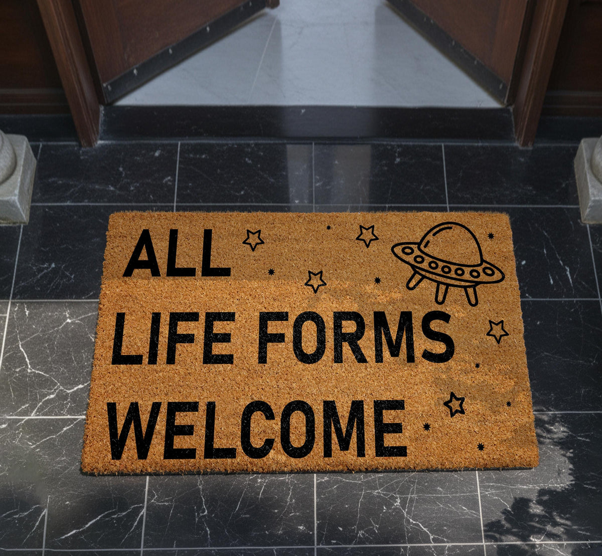 All Life Forms Welcome Doormat, Funny Alien Welcome Mat, UFO Outer Sci-Fi Lovers Porch Rug