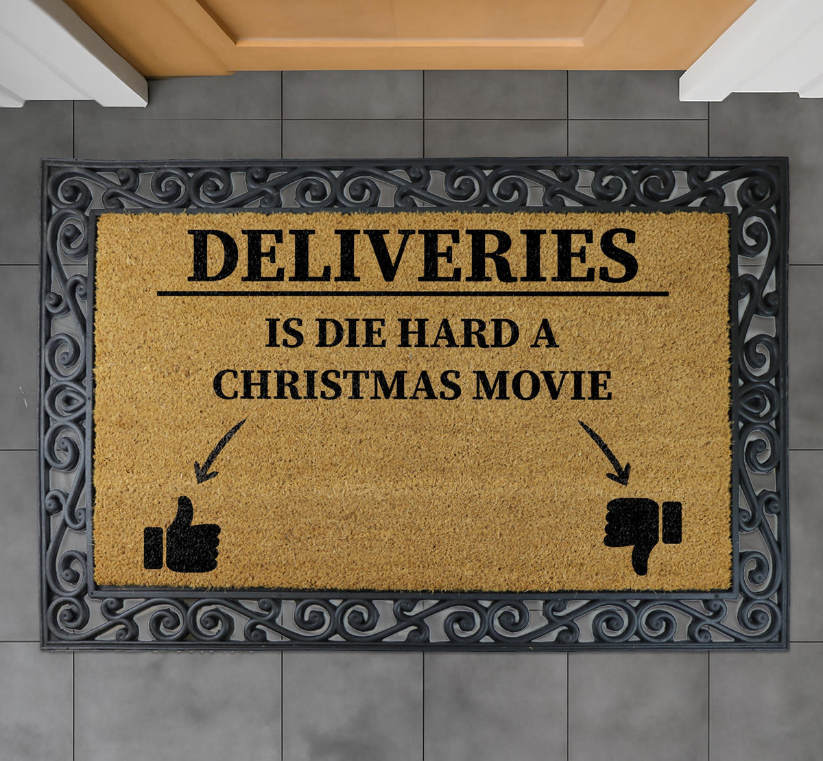 Deliveries Is Die Hard a Christmas Movie Doormat, Funny Holiday Welcome Mat
