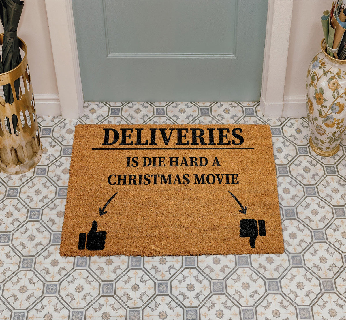Deliveries Is Die Hard a Christmas Movie Doormat, Funny Holiday Welcome Mat