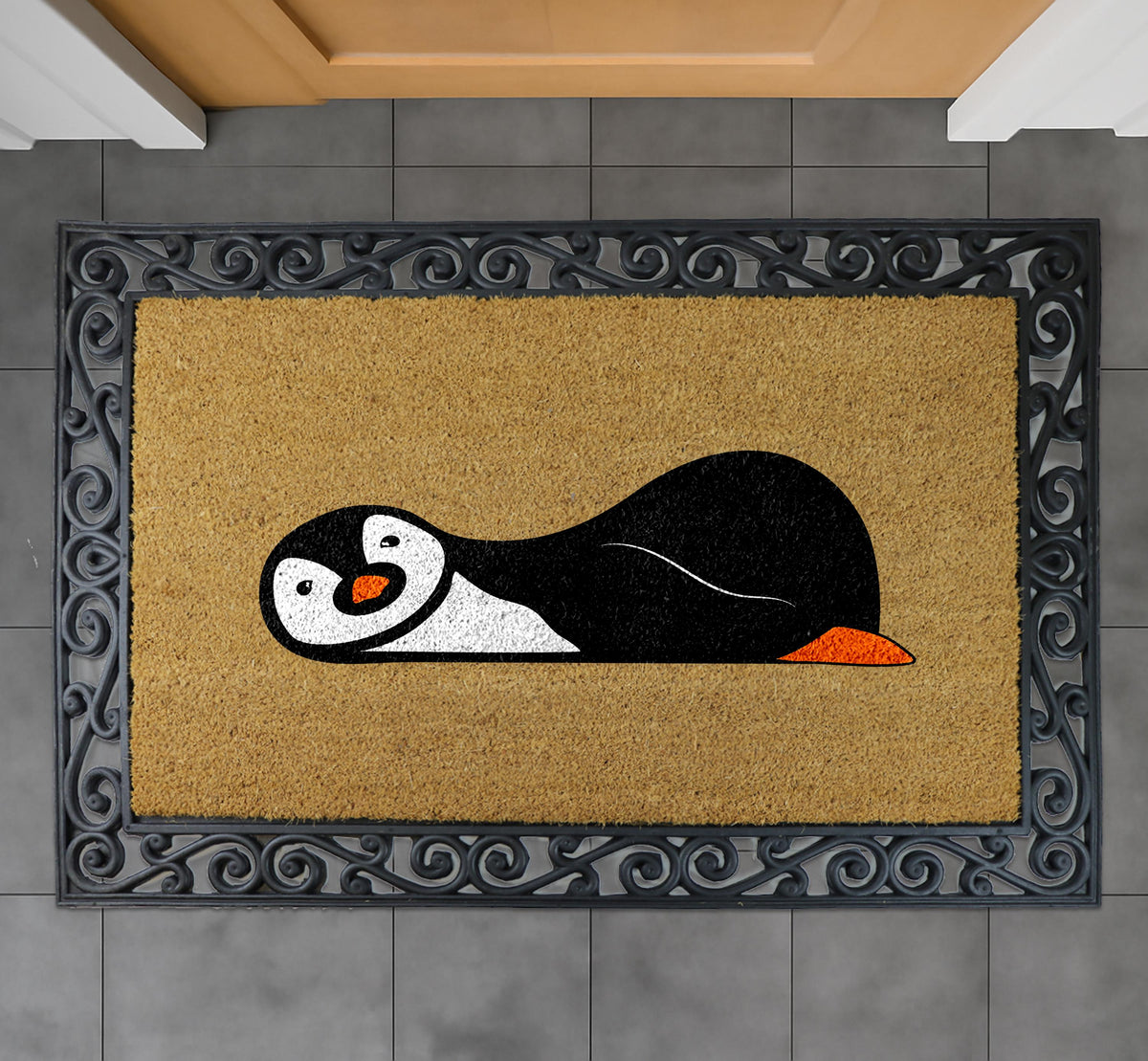 Lazy Penguin Doormat, Cute Penguin Welcome Mat, Animal Lover Gift, Lounging Penguin Door Mat