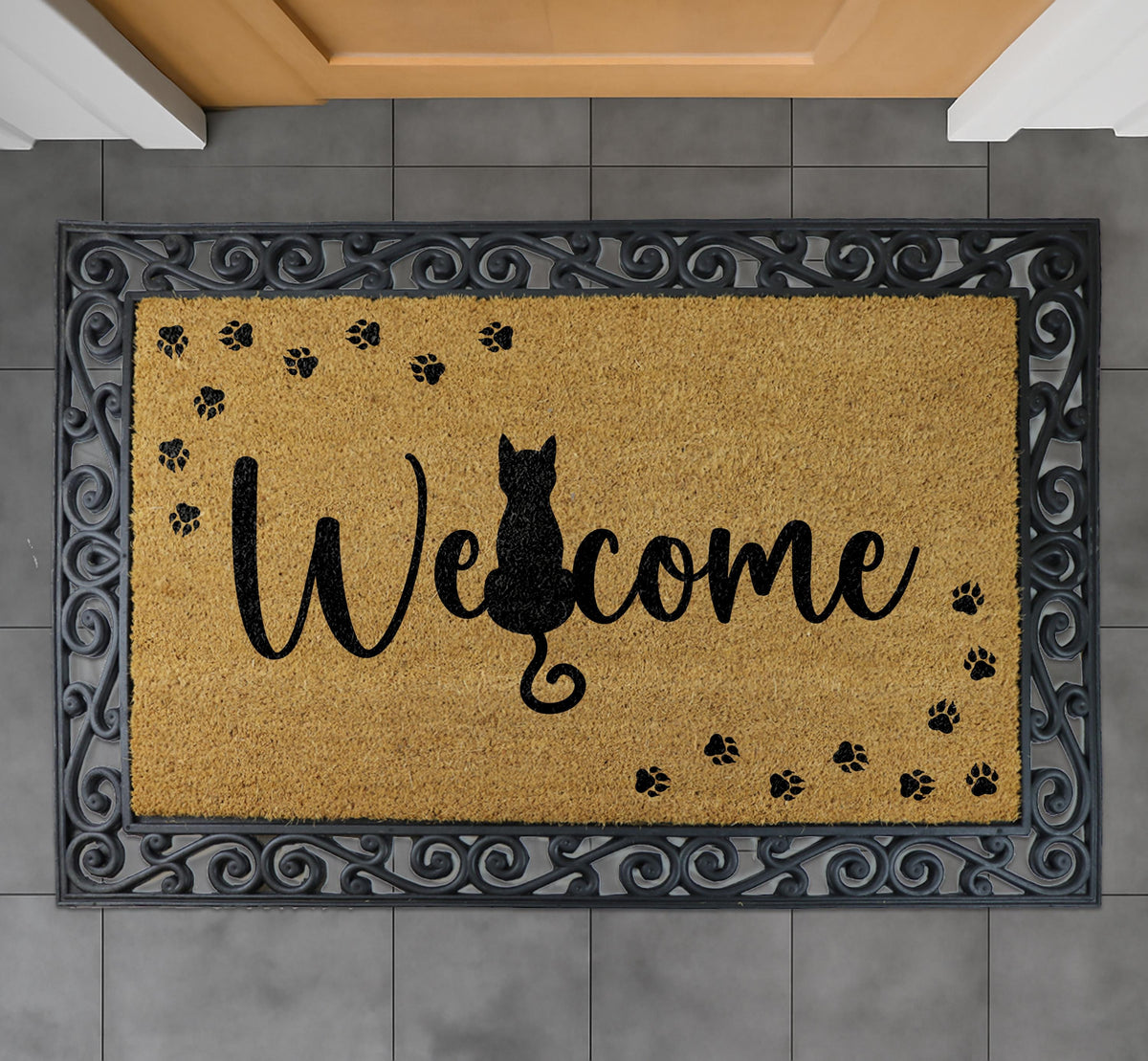 Cat Welcome Mat, Cat Lover Porch Decor, Cat Mom Housewarming Gift, Kitten Paw Print Doormat