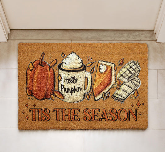 Tis the Season Doormat, Hello Pumpkin Front Door Mat, Fall Welcome Coir Rug