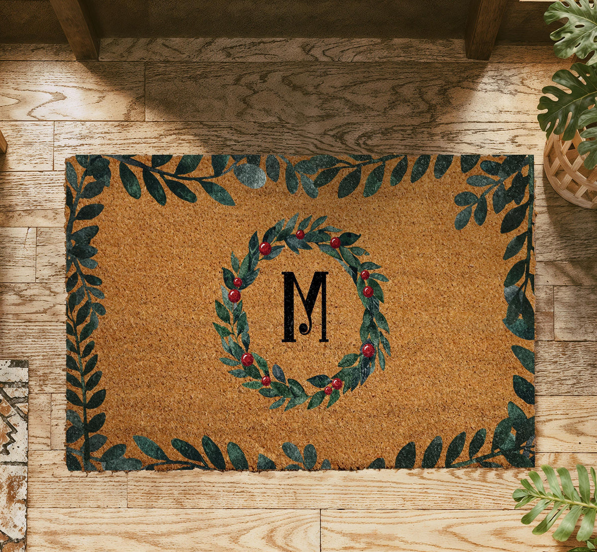 Custom Christmas Doormat, Personalized Initial Monogram Welcome Mat
