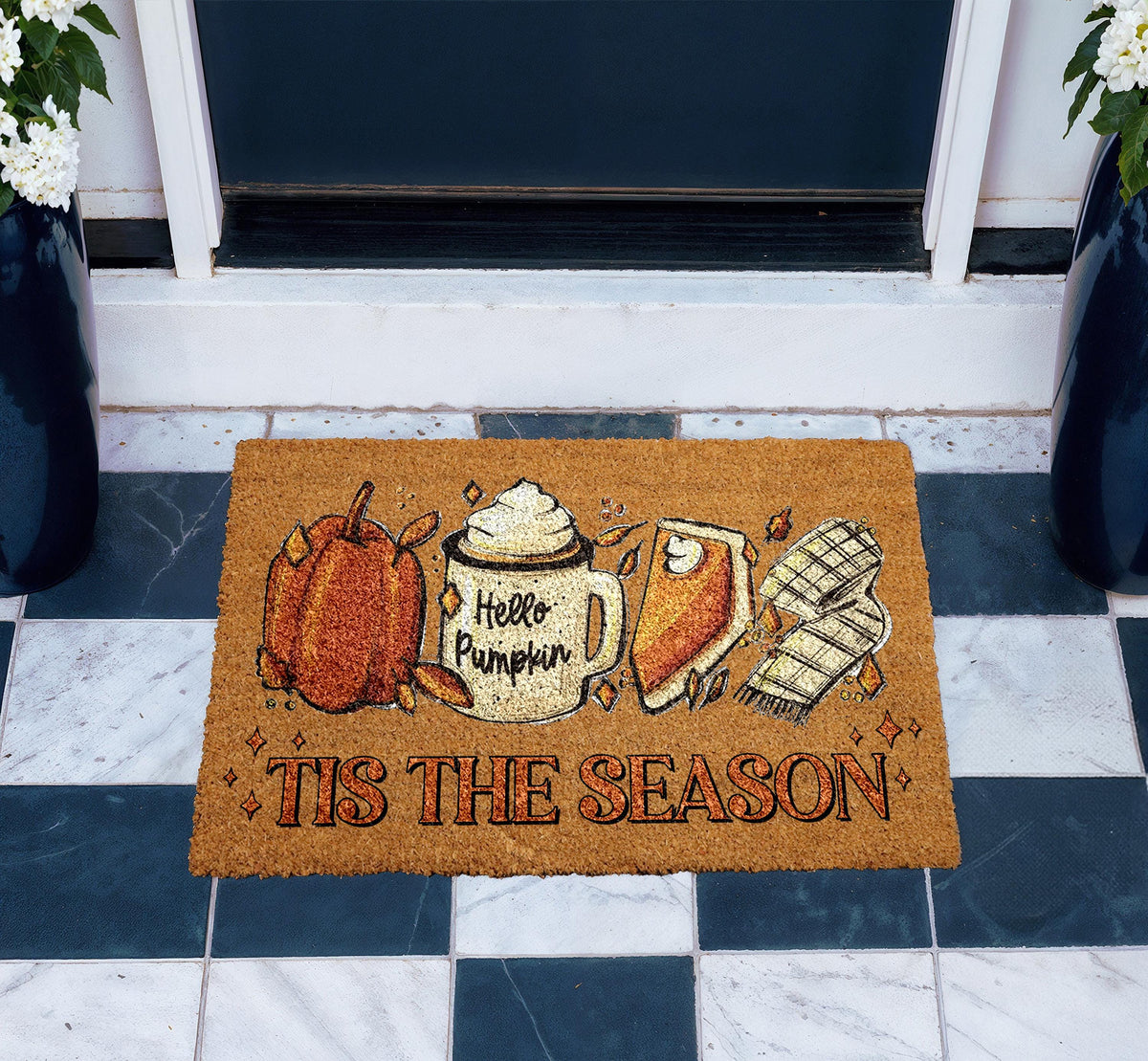 Tis the Season Doormat, Hello Pumpkin Front Door Mat, Fall Welcome Coir Rug