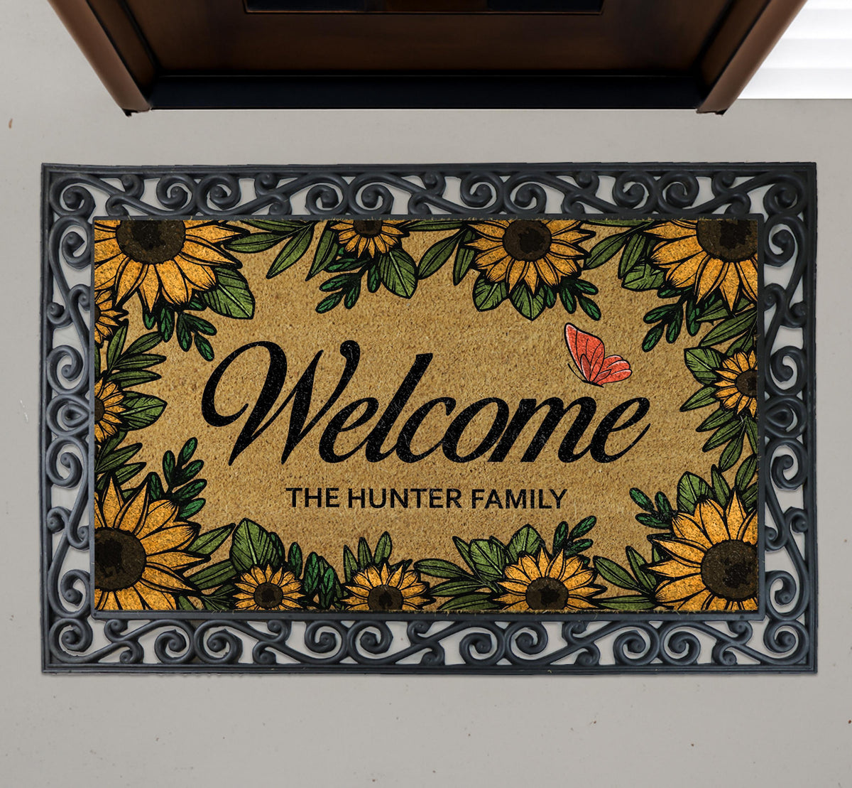 Personalized Sunflower Welcome Mat, Custom Family Name Butterfly Doormat
