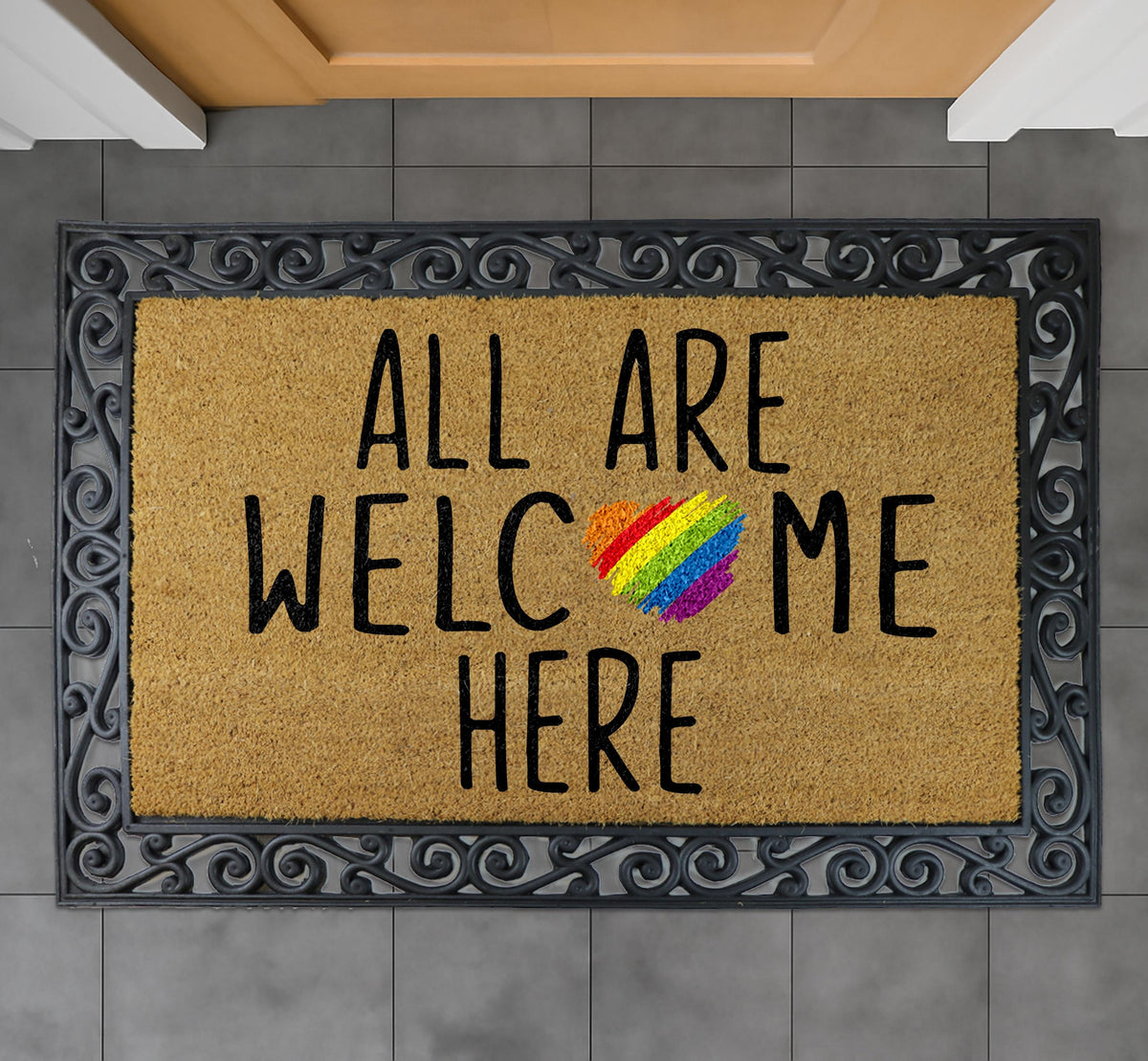 All Are Welcome Here Coir Doormat, Rainbow Heart Welcome Mat, Inclusive Floor Rug