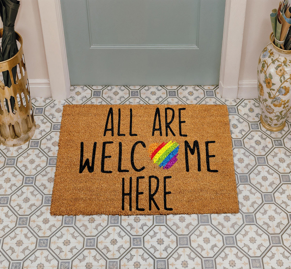All Are Welcome Here Coir Doormat, Rainbow Heart Welcome Mat, Inclusive Floor Rug