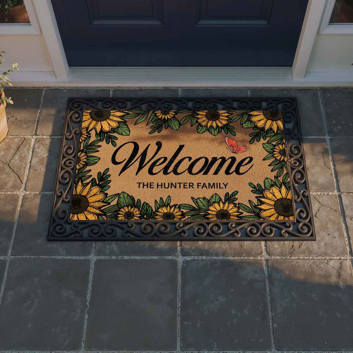 Personalized Sunflower Welcome Mat, Custom Family Name Butterfly Doormat