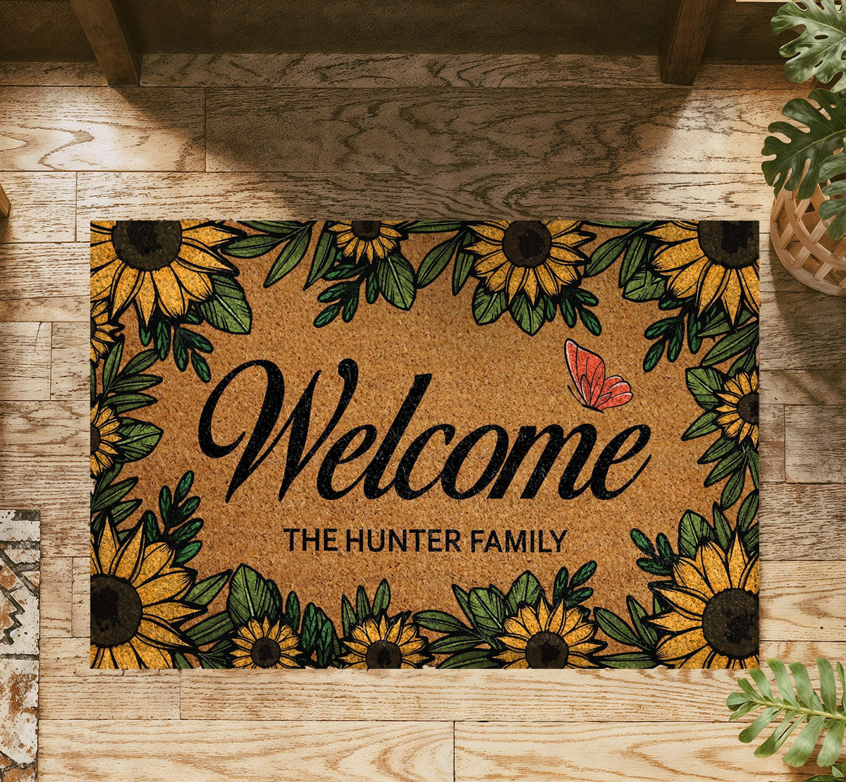 Personalized Sunflower Welcome Mat, Custom Family Name Butterfly Doormat