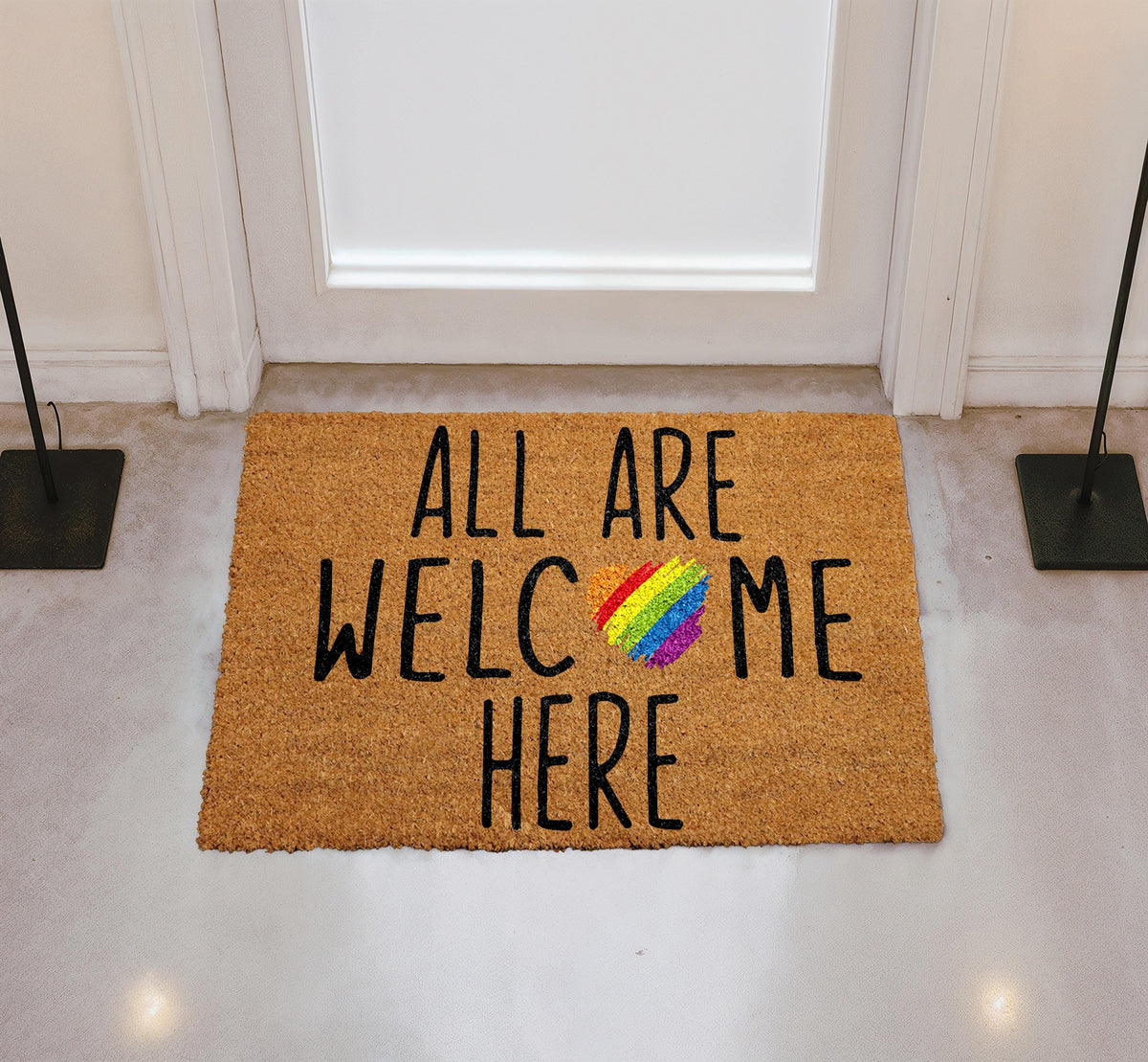 All Are Welcome Here Coir Doormat, Rainbow Heart Welcome Mat, Inclusive Floor Rug