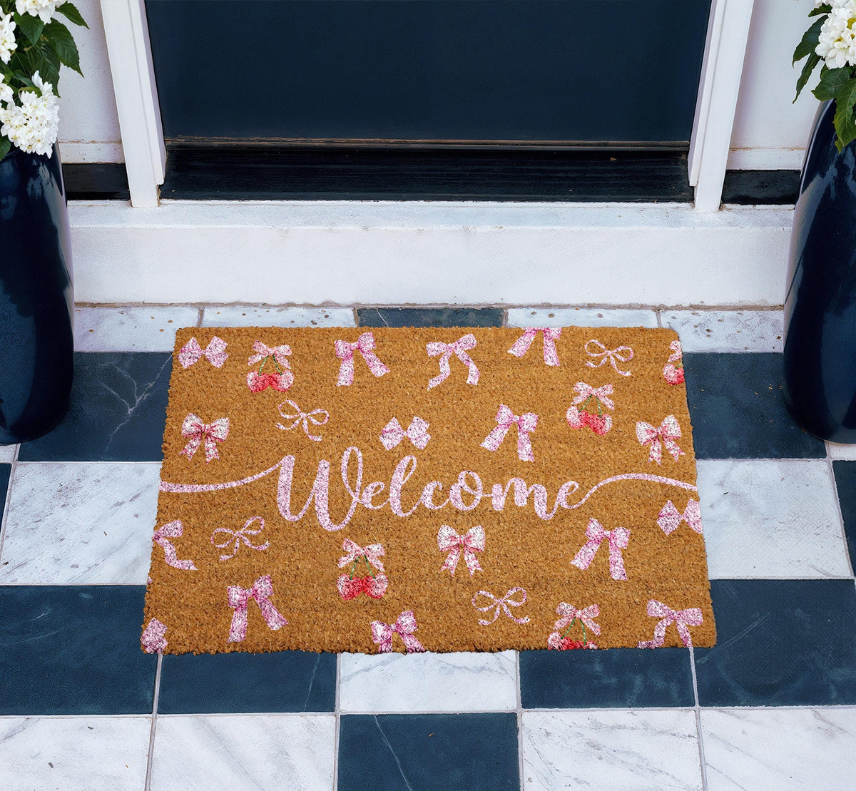 Coquette Bow Welcome Doormat, Natural Coir, Rustic Home Mat, Front Door Rug