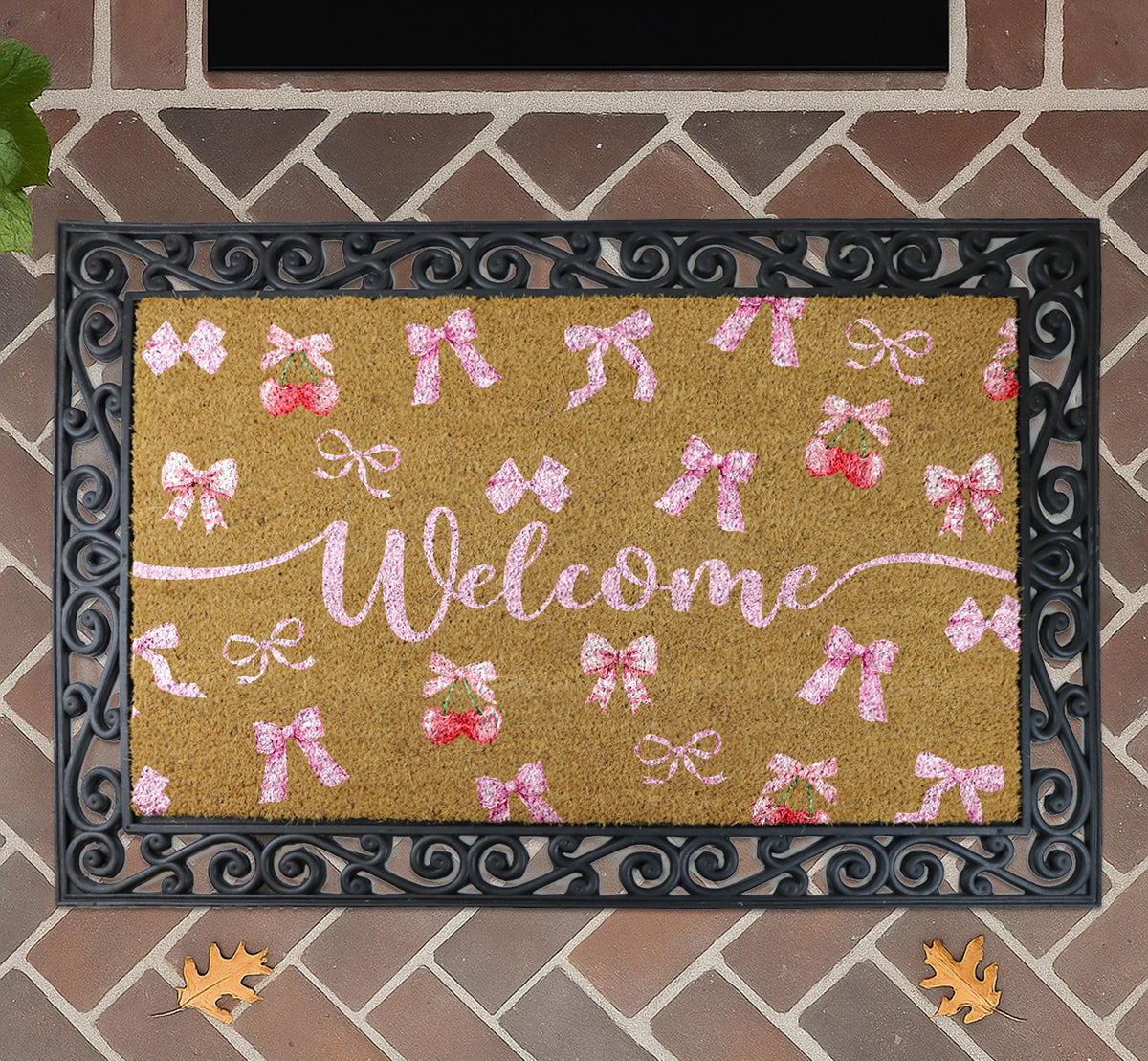 Coquette Bow Welcome Doormat, Natural Coir, Rustic Home Mat, Front Door Rug