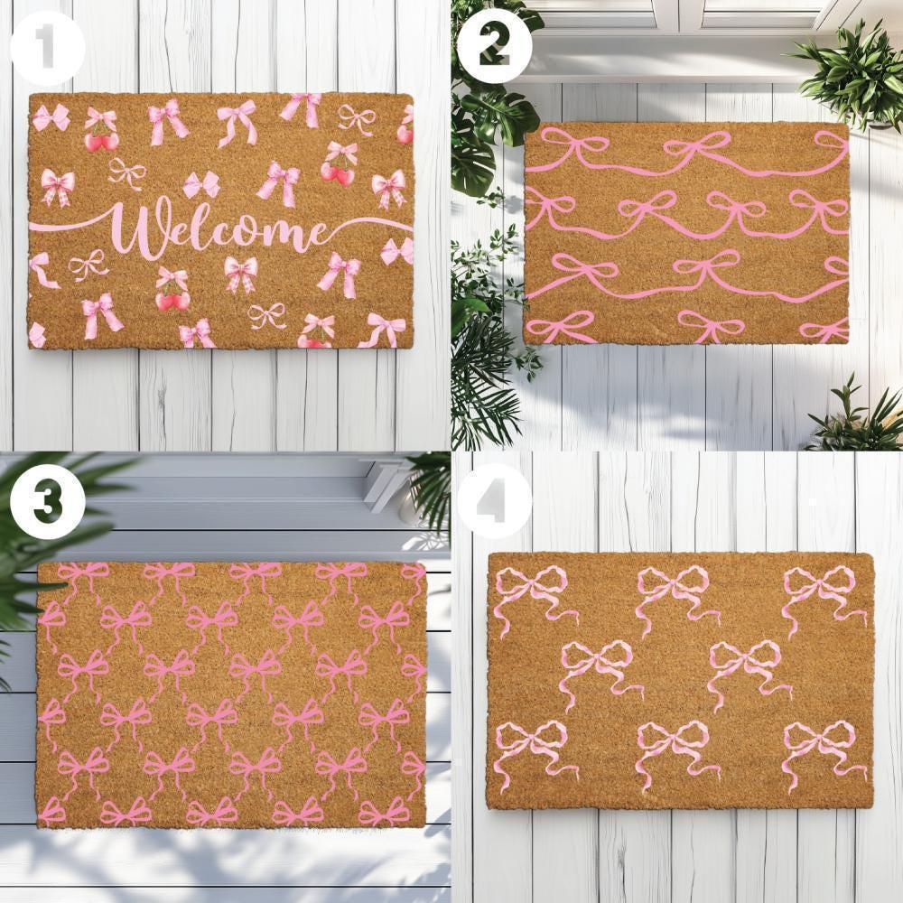 Coquette Bow Welcome Doormat, Natural Coir, Rustic Home Mat, Front Door Rug