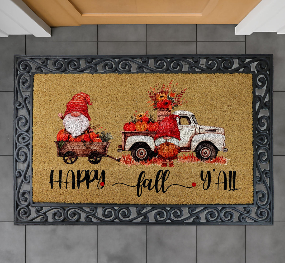 Happy Fall Y'all Doormat, Gnome Fall Welcome Mat, Gnome Pumpkin Home Entrance Mat