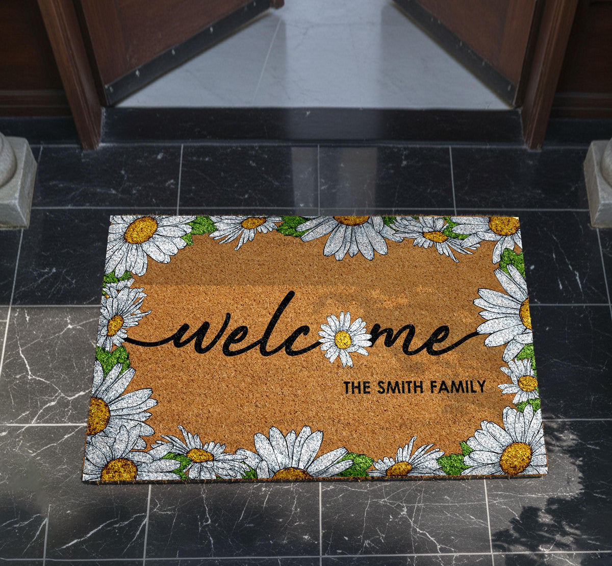 Personalized Daisy Welcome Doormat, Custom Family Name Home Entrance Decor